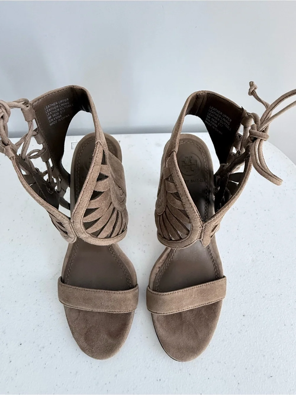 Tory Burch Brown Suede Lace Up Strappy Stiletto Sandals Cutout Heels Size 5